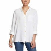 Anne Klein Ladies Gauze Button Up Top Shirt Blouse (White, Large)