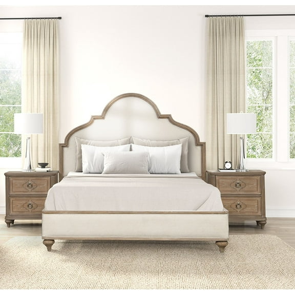 Contemporary Style Rustic Oak Veneer Antique Eastern King Size Bed 2x Nightstands w USB 3pc Bedroom Set Solidwood Furniture