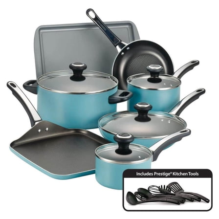 High Performance 17-Piece Aluminum Nonstick Cookware Set in Aqua