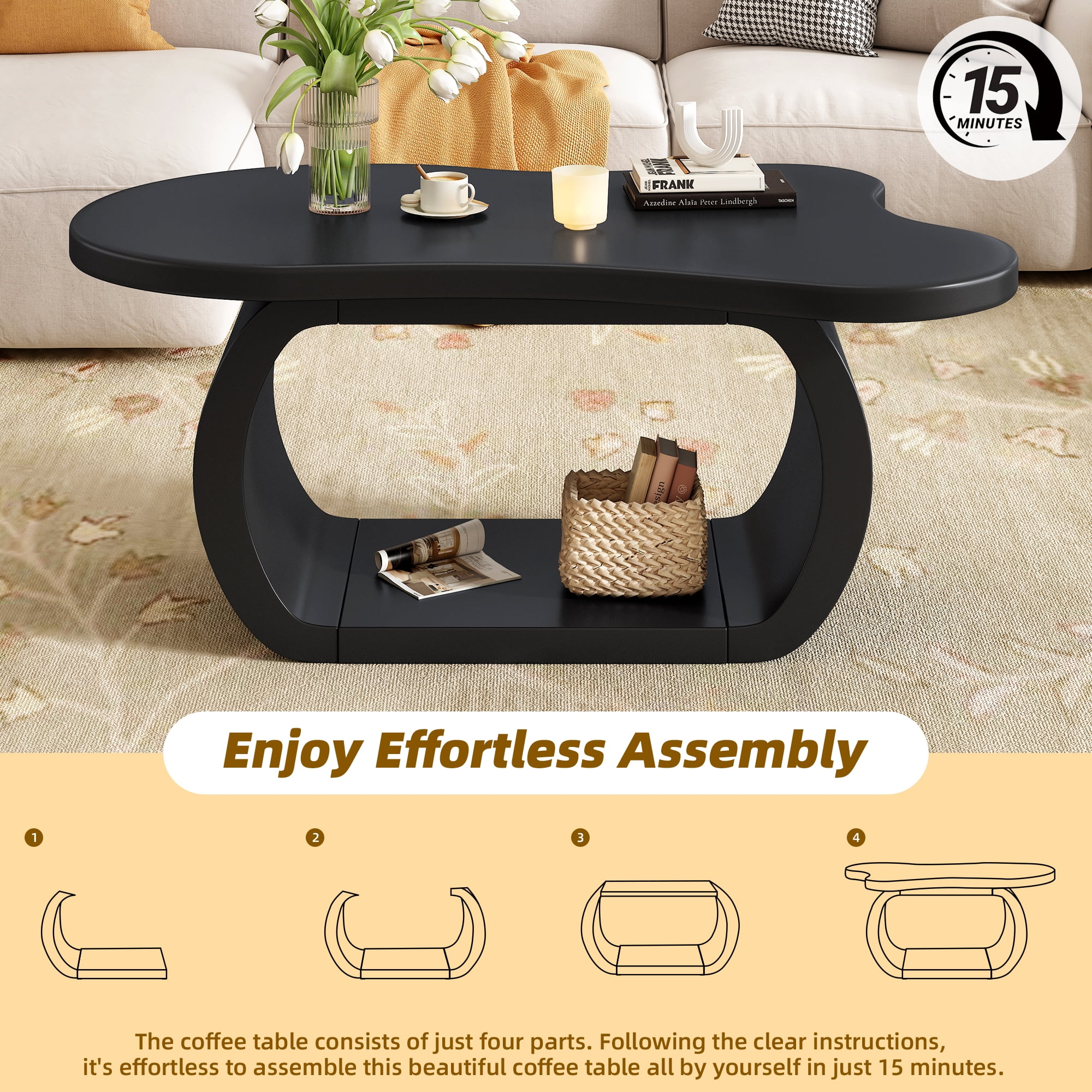 Euroco Charming Irregular-Shaped Coffee Table with Curved Legs, Cloud-Shaped Top, and Smooth MDF Surface – Compact & Easy Assembly for Living Room, Bedroom, or Balcony