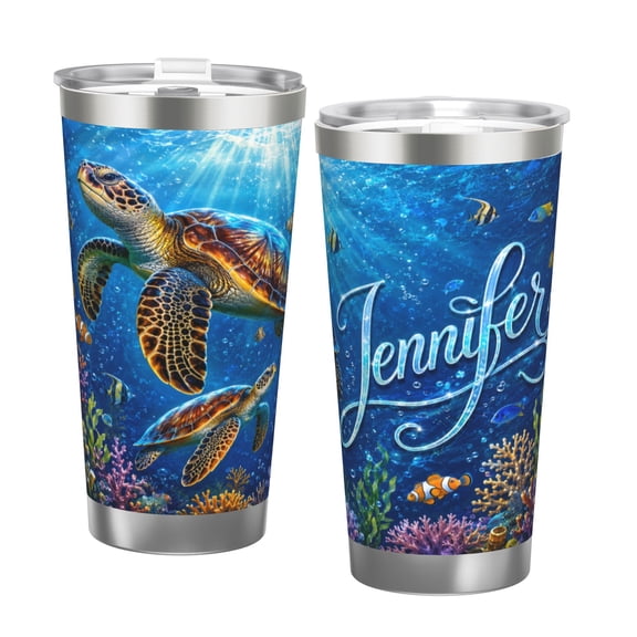 20oz Sea Turtle Ocean Insulated Travel Tumbler with Handle and Straw Coral Reef Car Cup Gift with Double Silver Rim