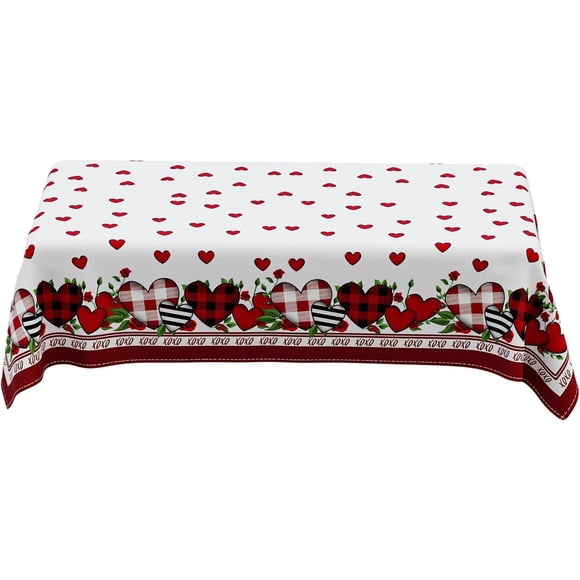 Romantic Valentines Day Plaid Love Hearts Tablecloth Cloth Rectangle Washable Table Covers for Indoor Outdoor Dining Table Home Party Decorations 60x104 Inch