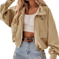 thumbnail image 3 of Long Sleeve Solid Cropped Bomber Jacket Women Loose Zipper Crop Coat with Pocket, 3 of 6