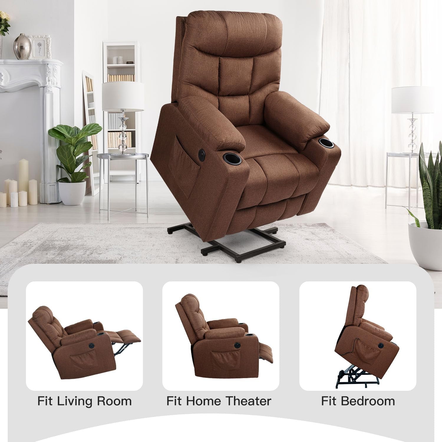 YODOLLA Large Power Lift Recliner for Elderly, Heavy Duty Electric Lift Chair with Heated Vibration Massage in Clay, Brown