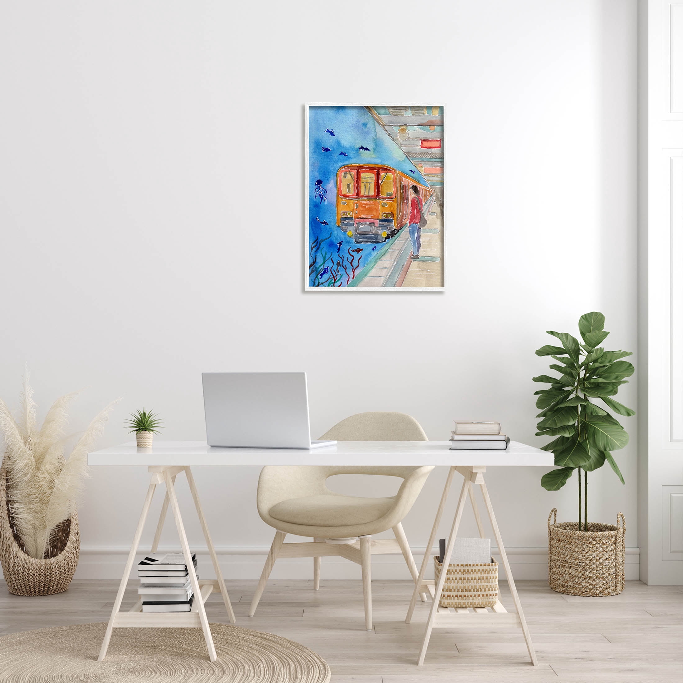 Underwater Aquarium Subway Train Landscape Painting White Framed Art Print Wall Art
