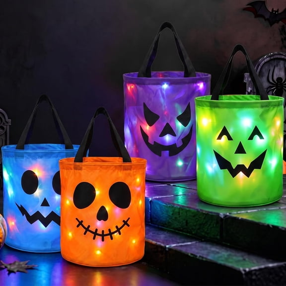 Clearance! 4 Pcs Halloween Trick or Treat Bags, Light up Pumpkin Candy Bucket LED Halloween Treating Baskets Reusable Goody Gift Tote Bag for Party Favor Supplies