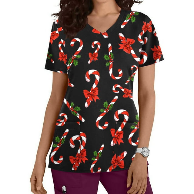 TIMIFIS Hauts de Sarrau de Noël pour Femmes Costume Col en V Manches Courtes Uniforme d'Infirmière Arbre de Noël Imprimé Tenue de Travail Décontractée des Fêtes T-Shirts Graphiques Blouse Hauts de Sarrau avec Poches-Noirautomne/hiver