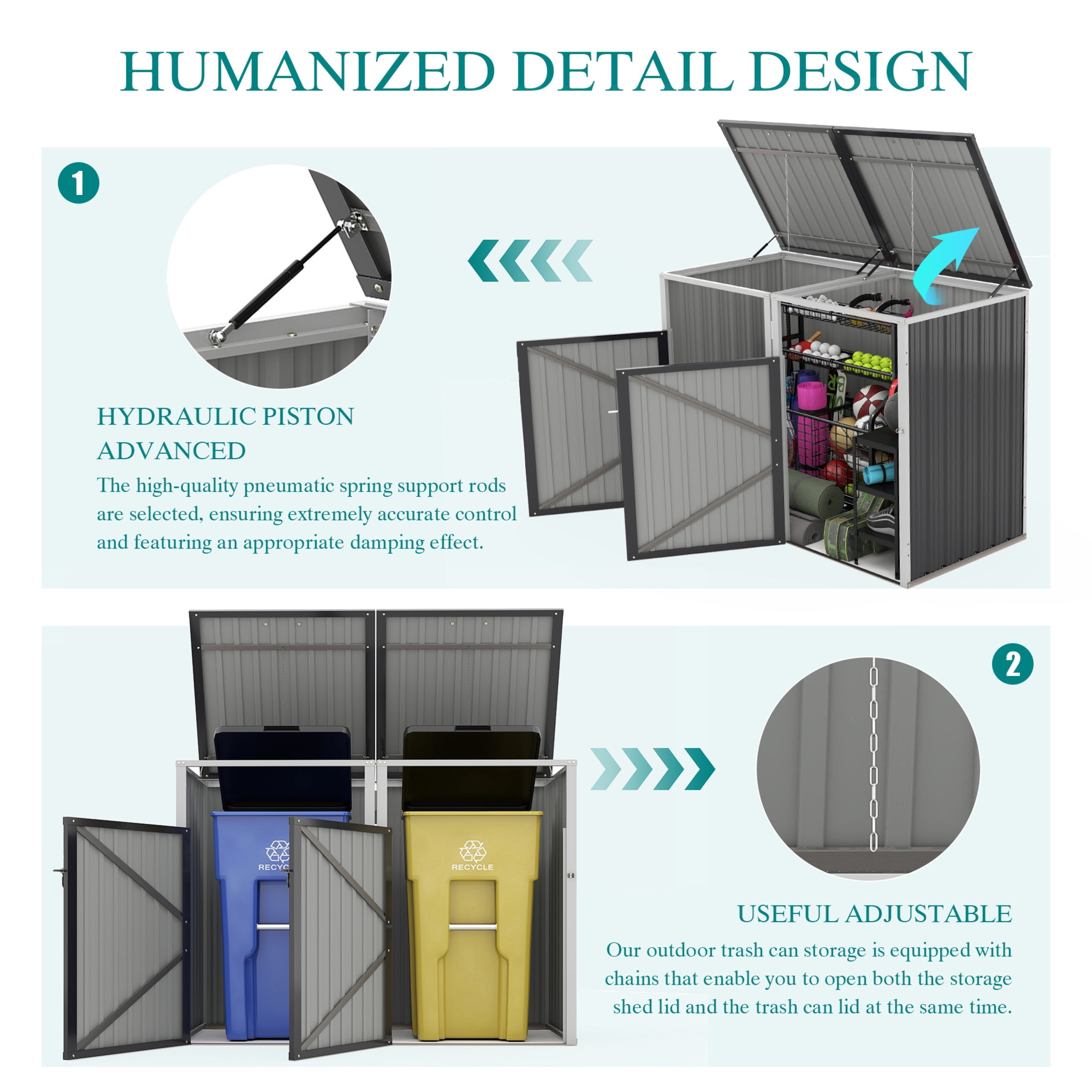 Noble House Outdoor Garbage Bin Shed for 2 Trash Cans, Lockable Galvanized Steel Garbage Bin Enclosure, Dark Gray