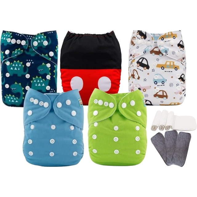 Alva Baby 5 Pañales Ecológicos de tela mixtos (lisos y espampados), impermeable y adaptables de 4-16kg (Niño)