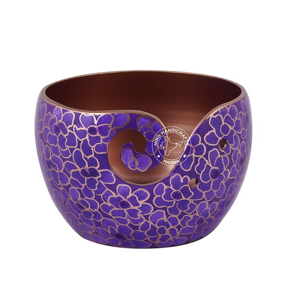 Premium Solid Crafted Floral Metallic Finish Aluminium Portable Yarn Bowl Holder for Knitting Crochet Christmas Gift Set | Hind Handicrafts (6" x 6" x 4", Purple)