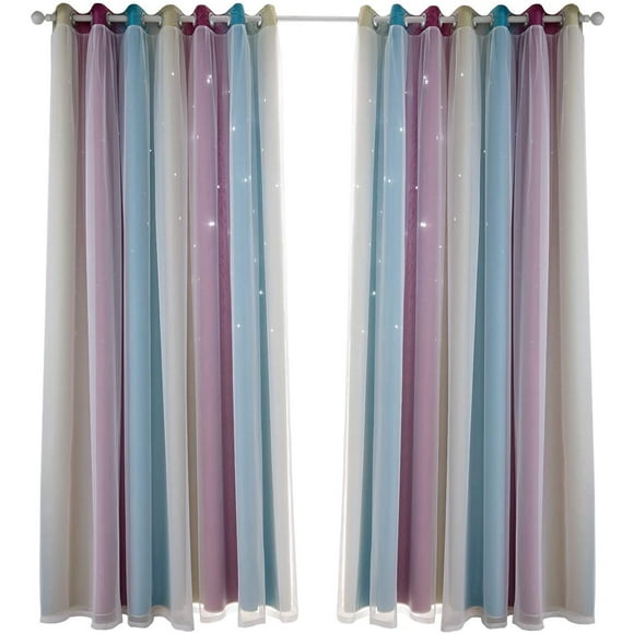 Star Curtains for Girls Bedroom - Double-Layered Colorful Rainbow Stripes Kids Blackout Curtains Plus White Sheer Living Room Curtains