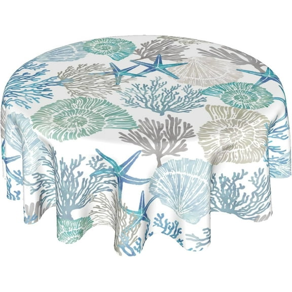 Summer Coastal Tablecloth Round 60 Inch, Blue Nautical Coral Seashell Starfish Polyester Circle Table Cloth Wrinkle Stain Resistant Washable Table Cover for Kitchen Dining Room Party Picnic