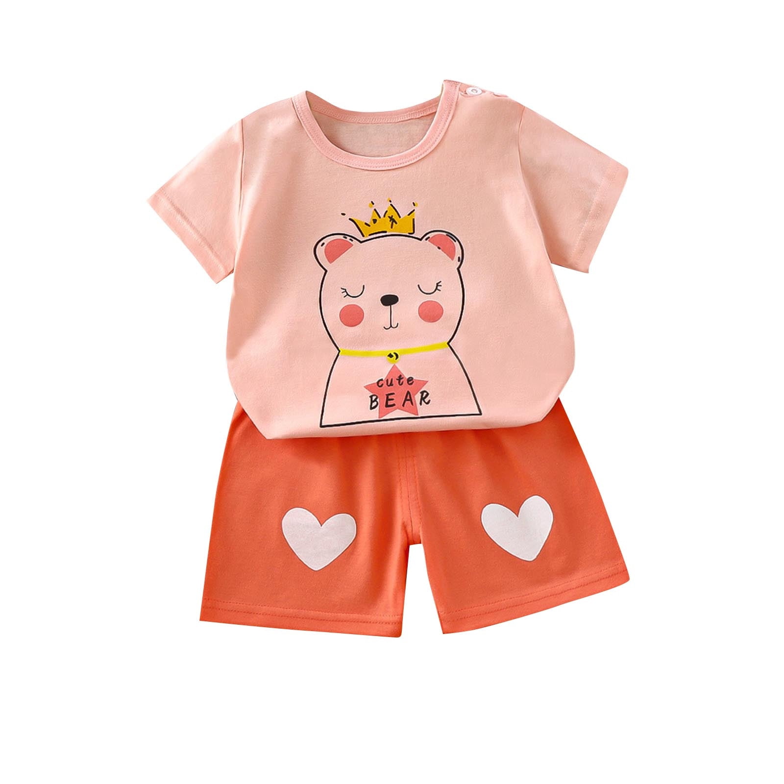 QTOCIO Toddler Girls Outfits Baby Girl Clothes Fashion Girls Casual Short Sleeve Round Neck Collar Botton Printed Short Pants Sets Pink 3 Years
