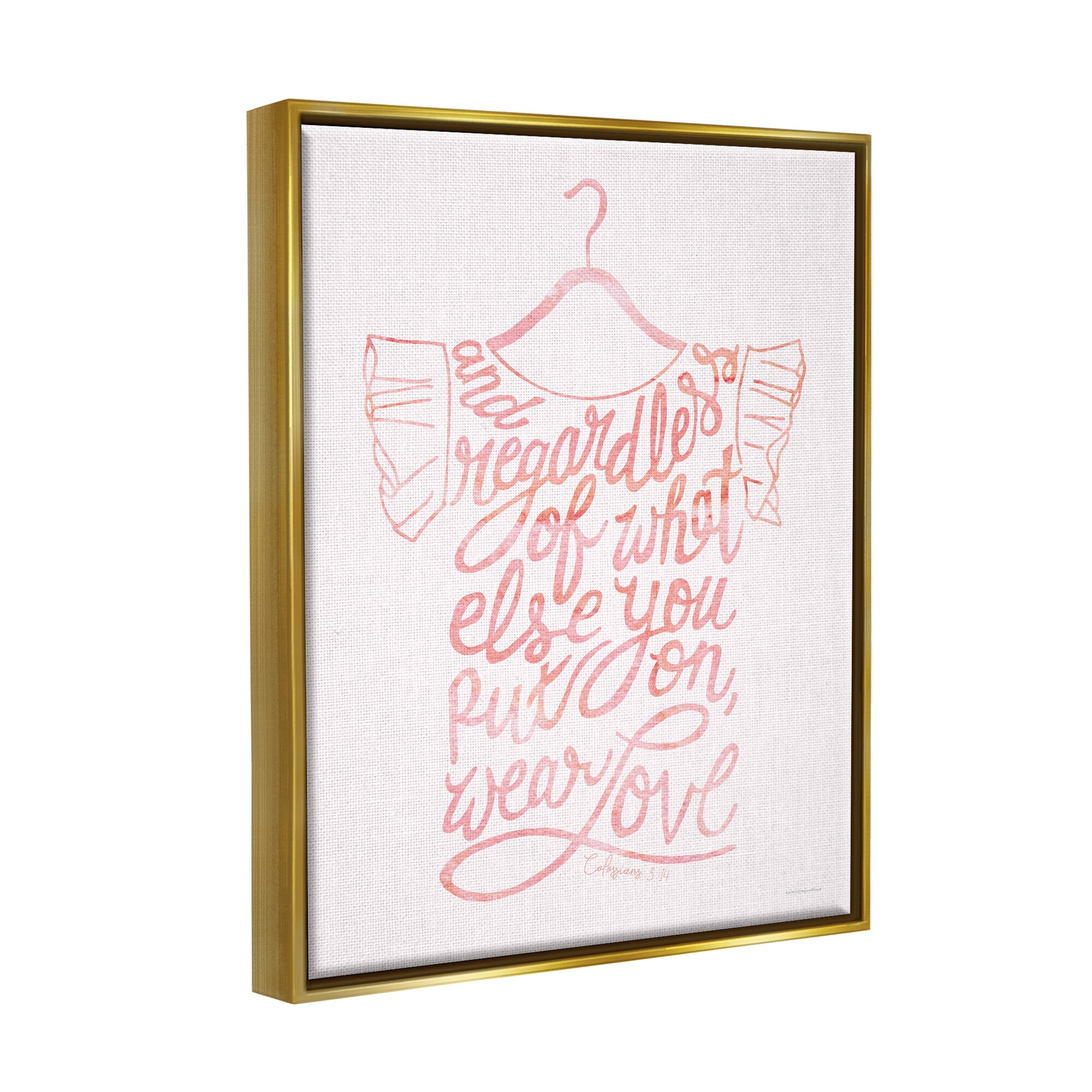 Stupell Industries Wear Love Fashion Calligraphy Religious Inspirational Quote Graphic Art Metallic Gold Floating Framed Canvas Print Wall Art, Design by Kamdon Kreations