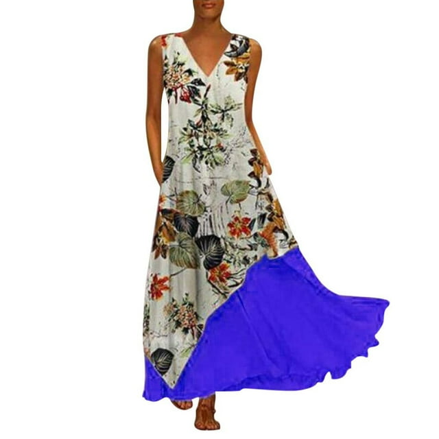 DPTALR Robe Maxi Sans Manches Vintage pour Femmes Grande Taille à Col en V avec Empiècements Floraux Imprimés