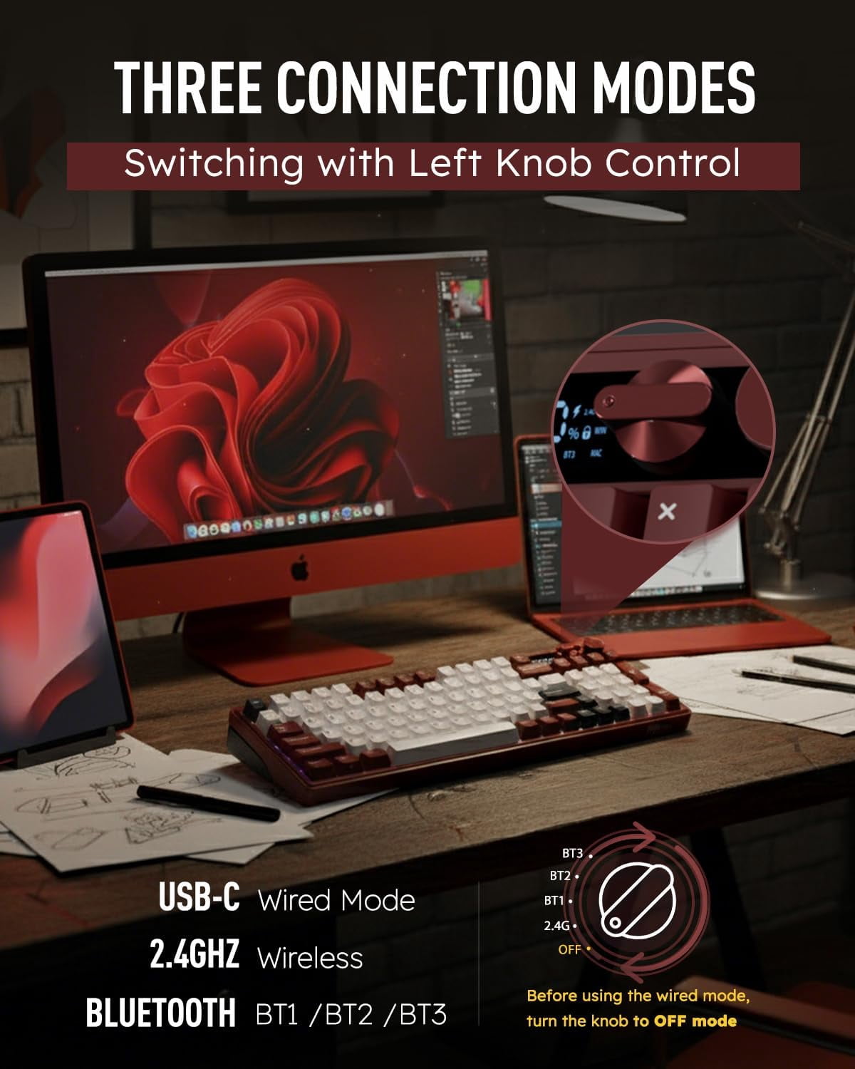 RK ROYAL KLUDGE M100 Tri-Mode Wireless Mechanical Keyboard with Screen, Dual Knobs, Gasket Mount, RGB Backlit, Hot-Swappable Cream Switches, Full-Size with Number Pad, Dark Red
