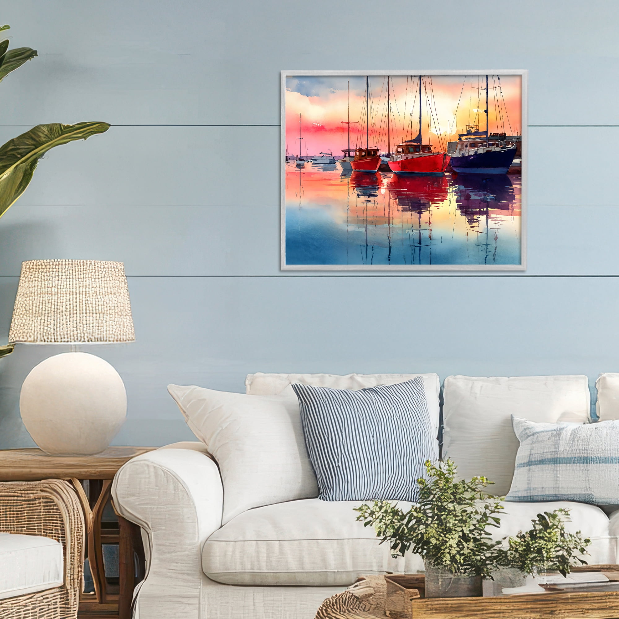 Stupell Industries Red & Blue Boats at Sunset Gray Framed Giclee Art, design by Franklyn Gregory