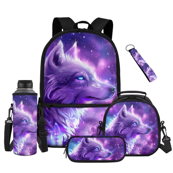 Yuyamidu Galaxy Wolf Backpack Set for Girls 10-12 5th Grade School Bag 17 Inch Large Capacity Bookbag with Lunch Box, Water Bottle Sleeve, Pencil Case & Keychain, 5-Piece Back to School