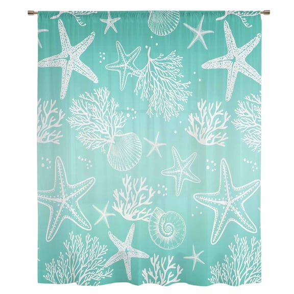 Teal Ombre Coastal Sheer Curtains 72 Inches Long, Nautical Beach Starfish Coral Summer Light Filering Curtains, Breathable Simi Curtain Privacy Drapes for Living Room Bedroom Window Treatment