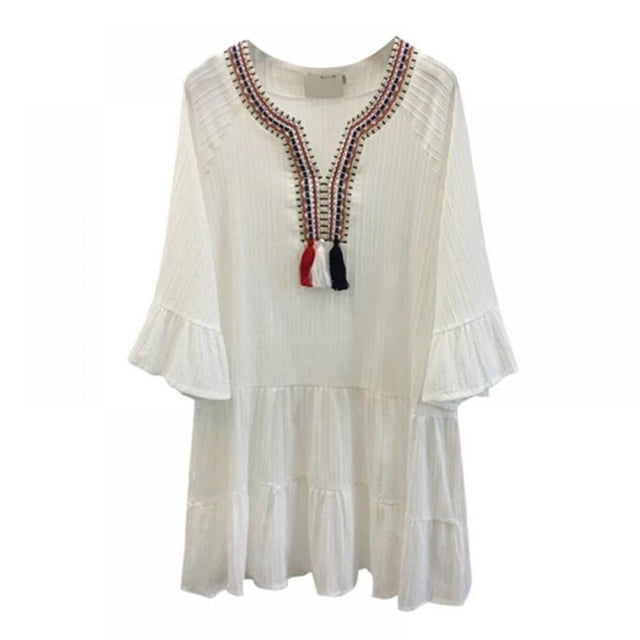 Robe de Maternité Ample à Franges, Longueur Genou, Décontractée, Col en V, Évasée, Manches Longues, Robe pour Femmes en Coton et Lin