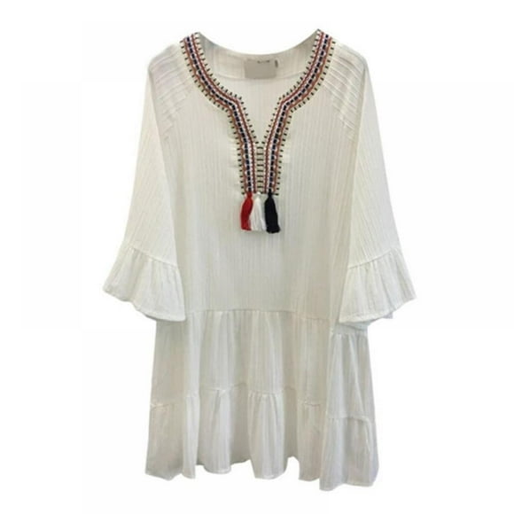Loose Tassel Knee-Length Maternity Dress Casual V-Neck Flare Long Sleeve Women Cotton and Linen Dress