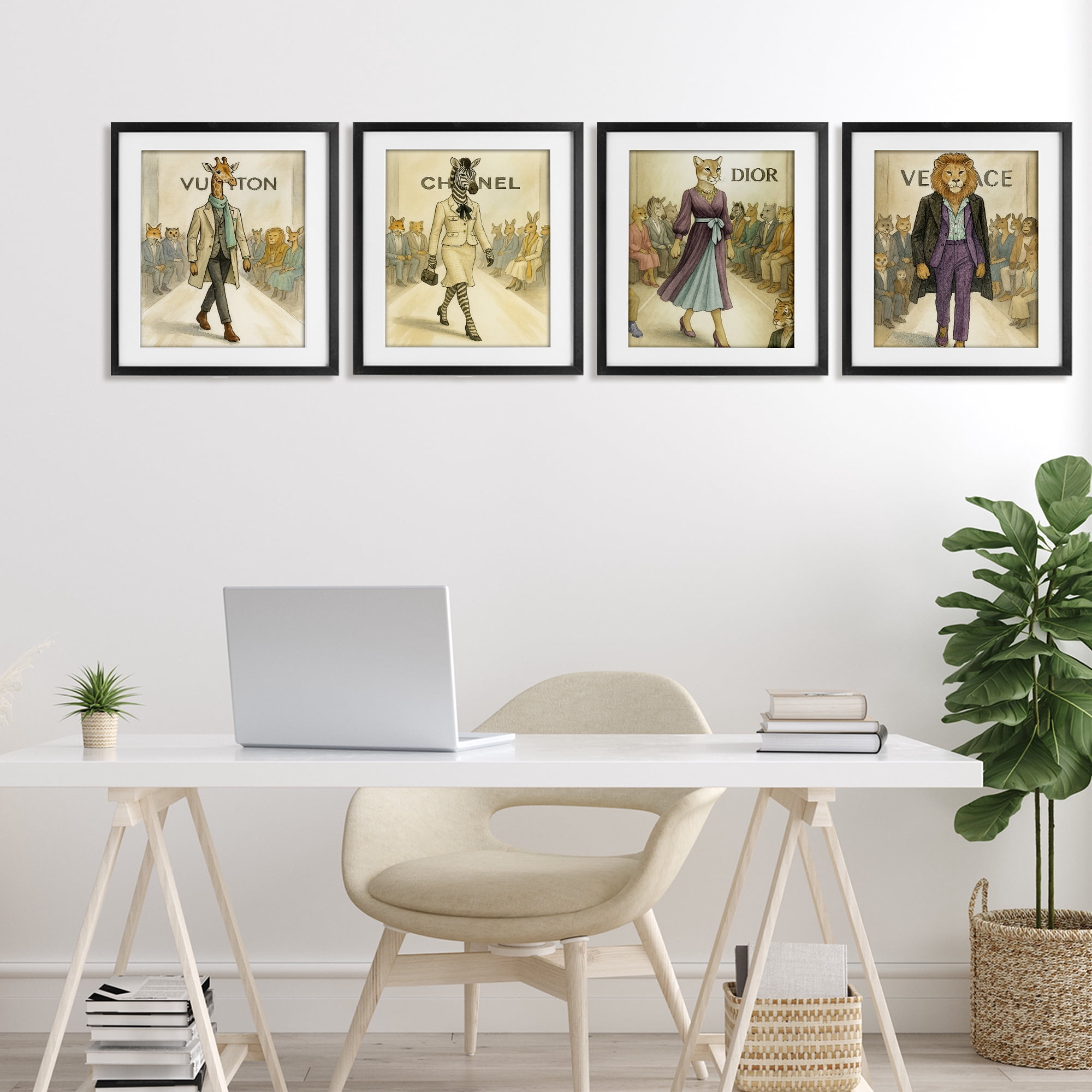 Stupell Industries Fashion Runway Animals 4 Piece Black Framed Print Under Glass Set, design by Grotto Studios