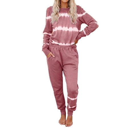 

Long Sleeve Women Pajama Set Top Pants Home Sleepwear Striped Tie Dye Fitness