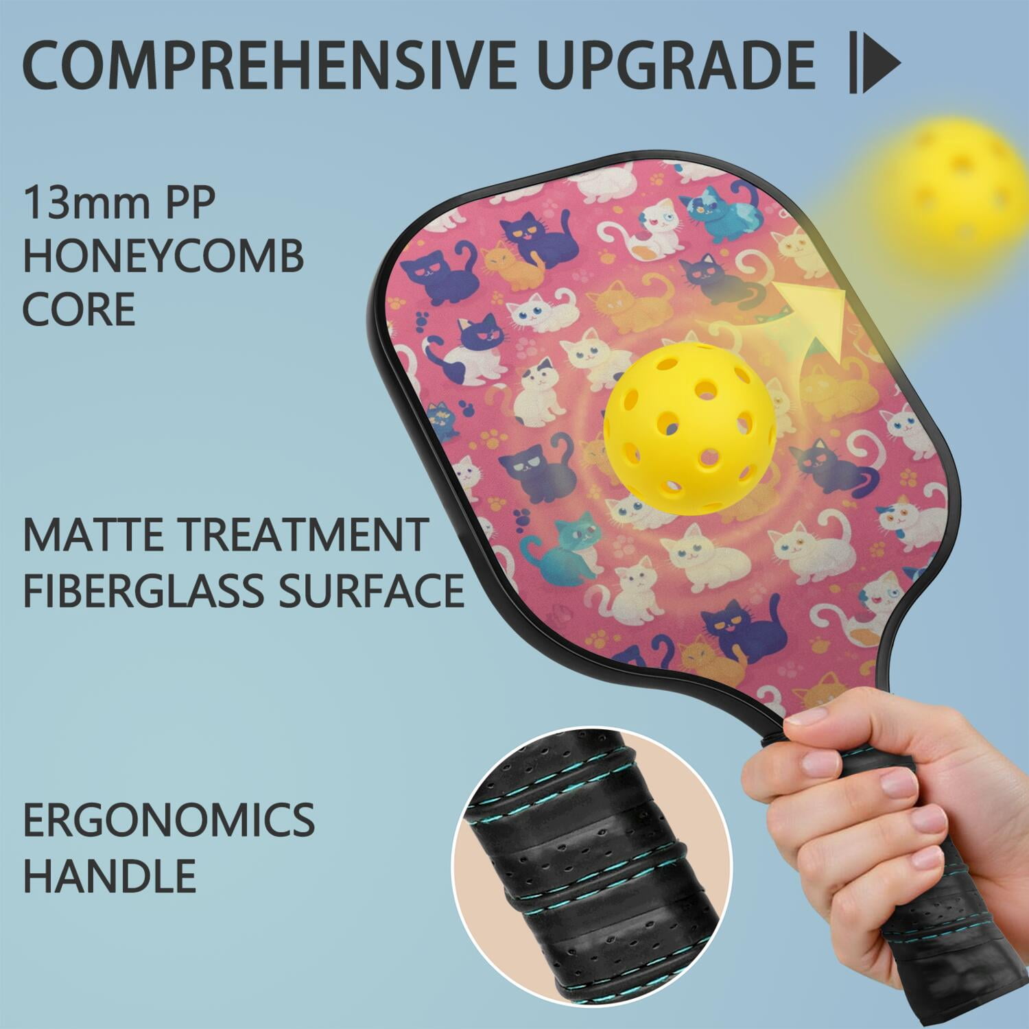 Pickleball Paddles Set Of 1, Fiberglass Surface, Cats & Dogs Print, 1 Paddle, 2 Balls & Bag