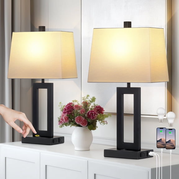 Lolikit Table Lamp Set of 2, Modern Bedroom Lamps with USB C A Ports & AC Outlet Nightstand Lamp for Bedroom Living Room