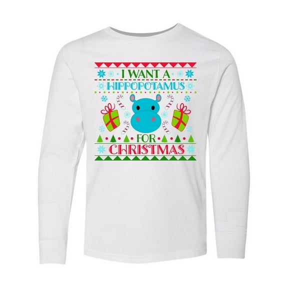 Inktastic I Want a Hippopotamus for Christmas Cute Ugly Sweater Long Sleeve Youth T-Shirt