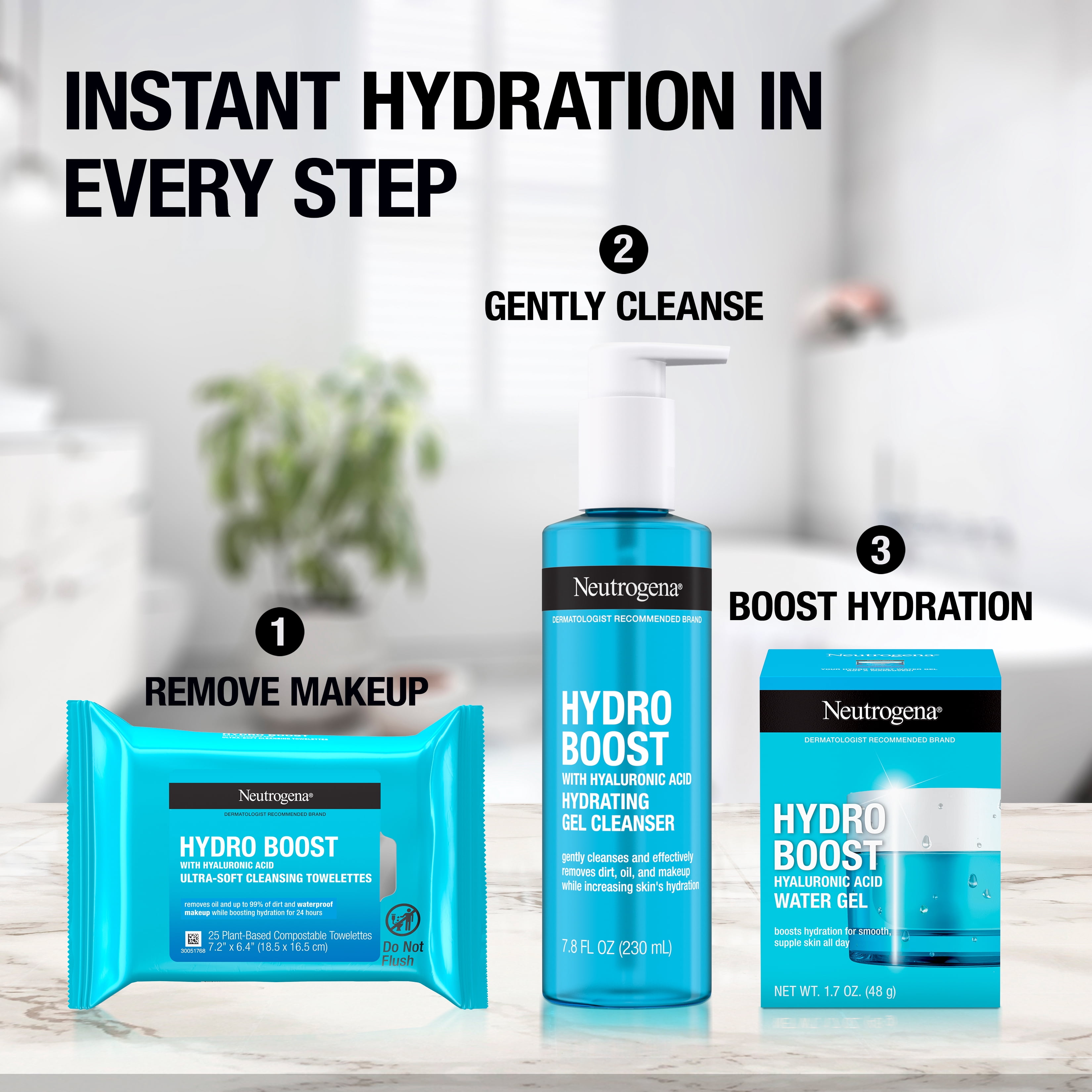 Neutrogena Hydro Boost Trifecta: Water Gel Facial Moisturizer, Gel Cleanser, & Makeup Remover Wipes, Set