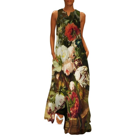 Flowers Oil Painting Dress Floral Print Elegant Maxi Dress Fashion Casual Long Dresses Summer Sleeveless Graphic Vestido 4XL 5XL