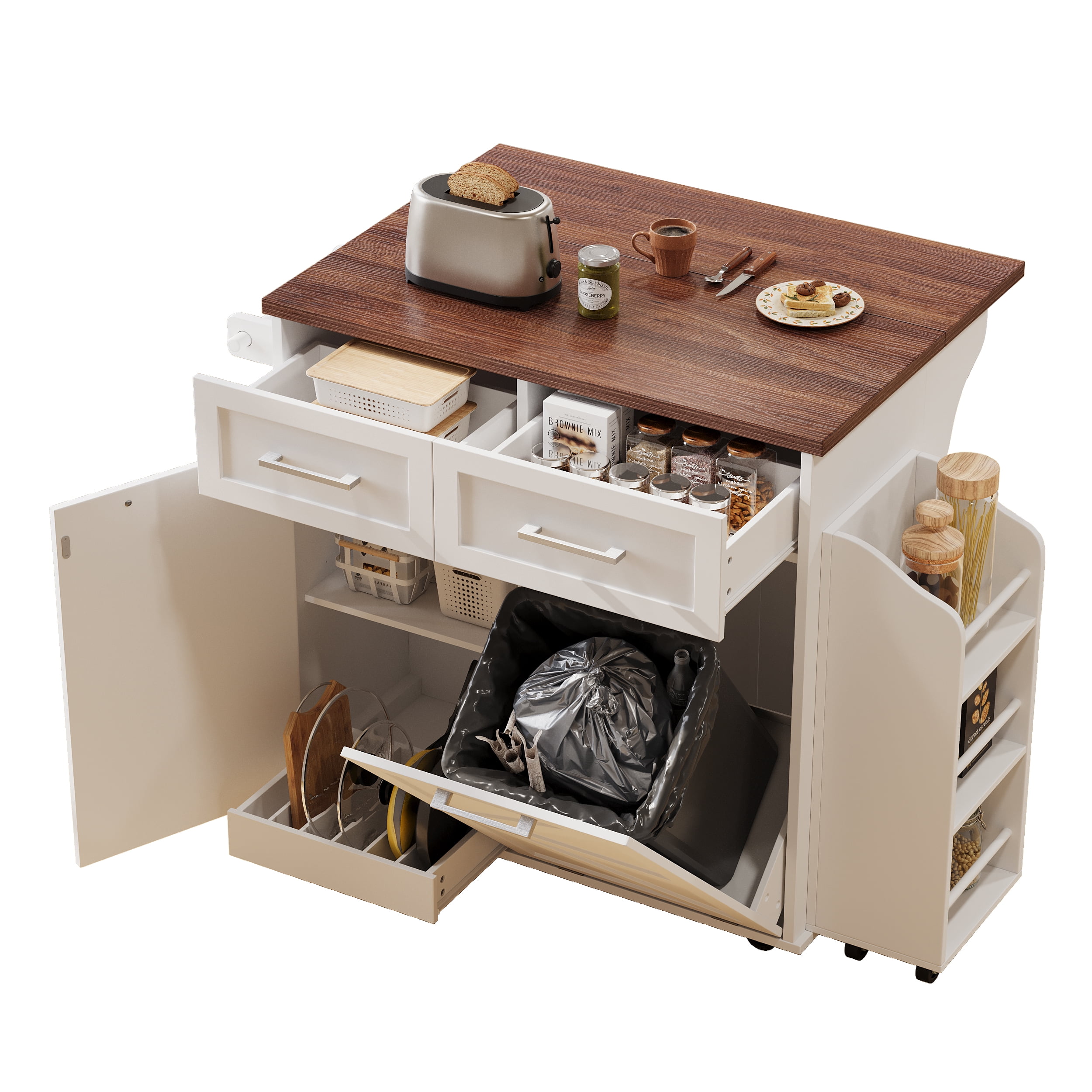 Euroco 47.2" Farmhouse Kitchen Island with Drop Leaf, Kitchen Storage Island with Removable Side Racks, Two Drawers, Rolling Kitchen Cart on Wheels with Towel Rack