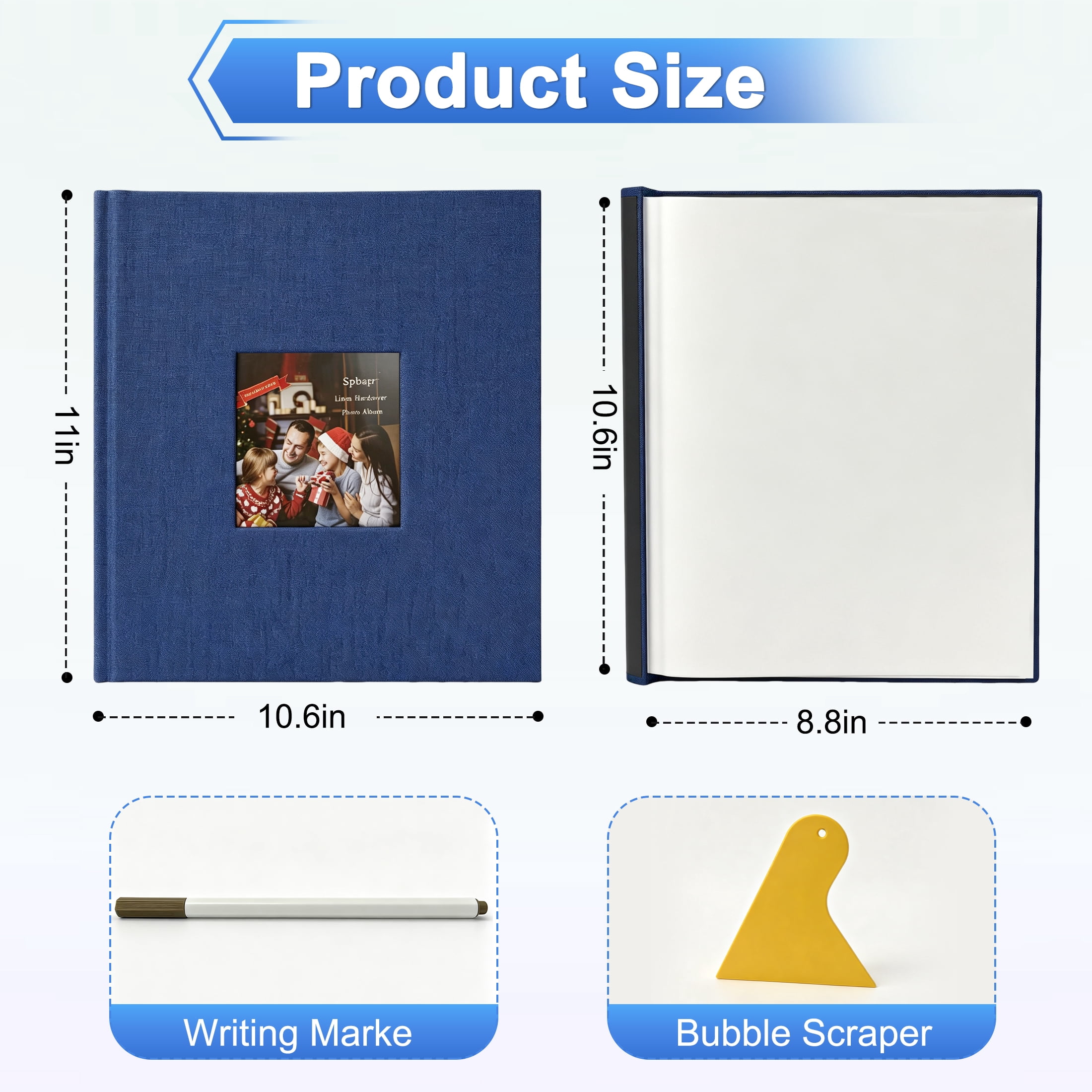 Photo Album Self Adhesive for 4x6 5x7 8x10, DIY Picture Scrapbook, 20 Sheets/40 Pages Linen Cover with Display Window, Scrapbook Album for Moms, Families, Weddings, Blue