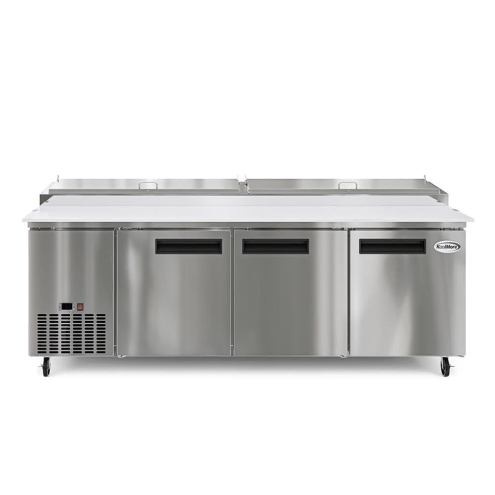 Pemberly Row Silver 92" 3 Door Commercial Pizza Prep Refrigerator in Steel