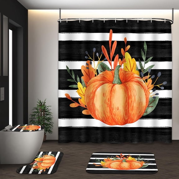Cute Ghost Kids Shower Curtain Set with Toilet Lid Cover and Non-Slip Rugs, Halloween Leaf Autumn Pumpkin 4 Pcs Shower Curtains for Bathroom, Autumn Happy Bathroom Decor Accessories