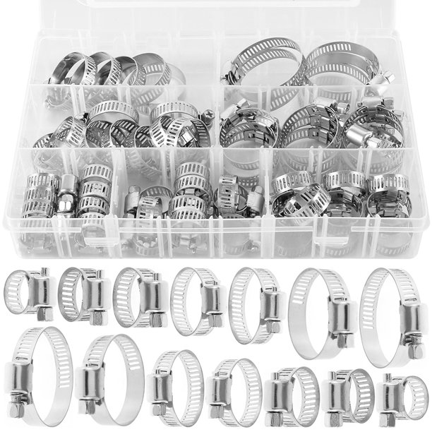 Muyoka 60 abrazaderas de manguera ajustables de 8 a 1.496 in, abrazaderas de manguera de acero inoxidable, surtido de clips con estuche de almacenamiento, 7 tamaños surtidos para asegurar las conexion Muyoka Hogar