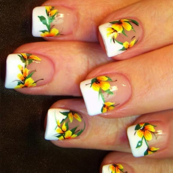 JZROCKER 24 Pcs Flowers Artificial Nails French Tip Press On Nails Short Square Stick On Nails Glossy False Nails for Party