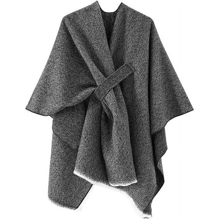 stylesilove Women Elegant Solid Color Fringe Poncho Open Front Shawl Cape Ultra Warm Wrap for Autumn Winter Season (Slate)