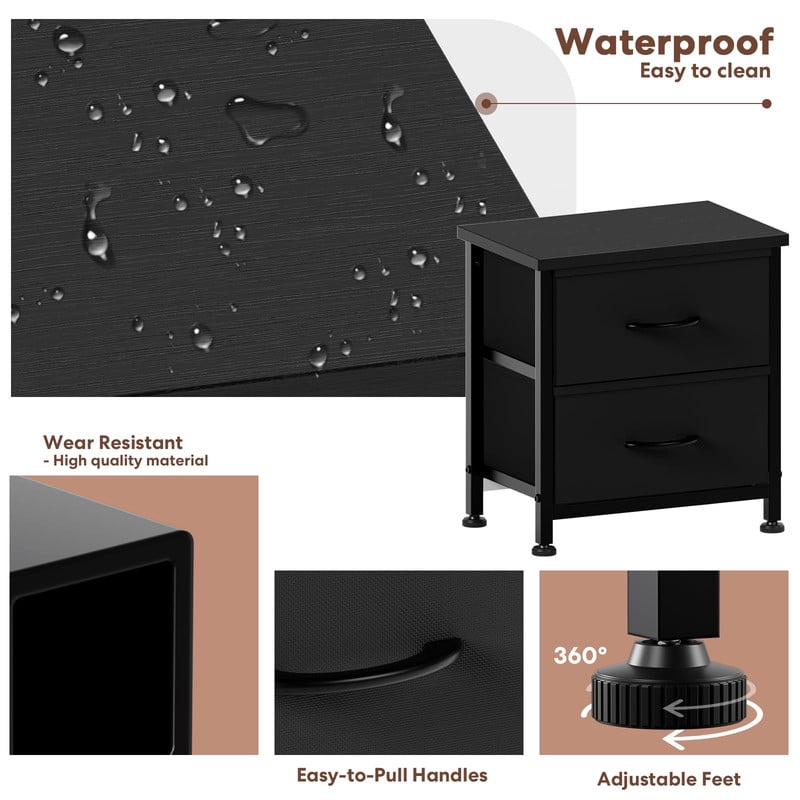 Simple Deluxe Nightstand 2 Drawers Dresser for Bedroom, 3-Tier Bedside Table with Fabric Bins, End Table for Living Room, wood top Load-bearing up to 44 lb, Black