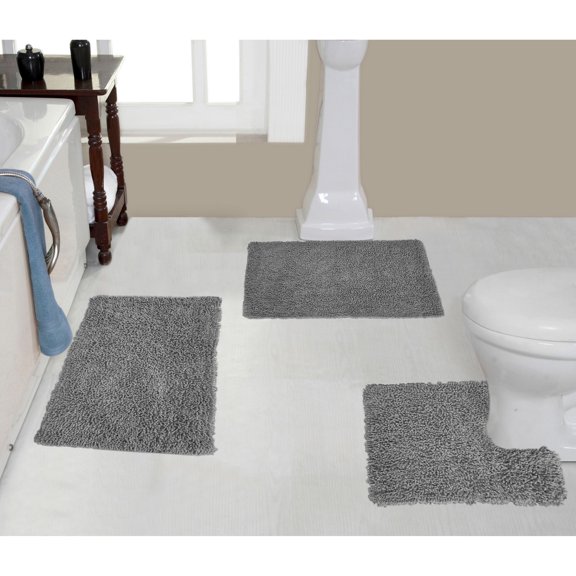 Home Weavers Fantasia Bath Rug 100% Cotton Non-Slip Bathroom Rug Set Machine Washable Bathroom Rug-17"x24", Bath Rug- 21"x34", U Shaped Contour- 20"x20", Gray Color 3 Piece Bath Rug set