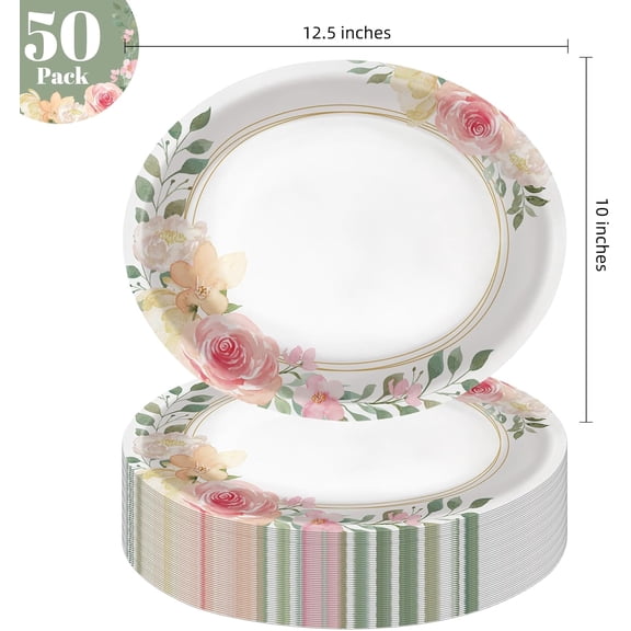 YUYAN-50 Count Thanksgiving Oval Paper Plates,10 x 12 in Large Disposable Dinner Pink Floral Party Plates,for Birthday Girl Baby Shower Tea Party Decor