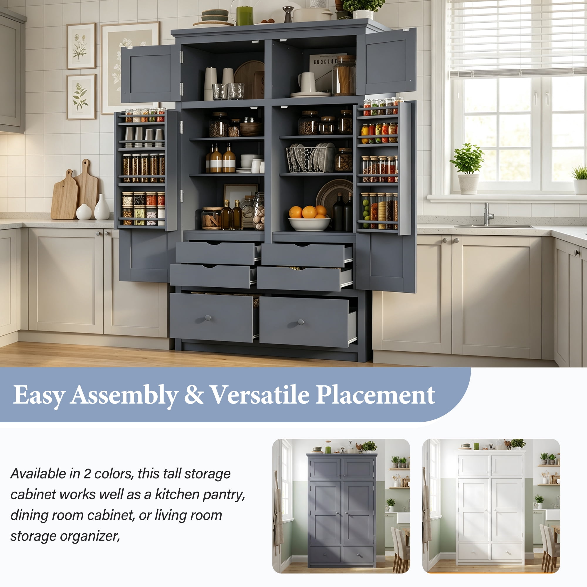 Euroco 74.8" Tall Kitchen Pantry Cabinet with 6 Drawers, Freestanding Storage Cabinet with 8 Door Shelves & 4 Pull-out Trays, Kitchen Hutch Cabinet for Dining Room,Grey