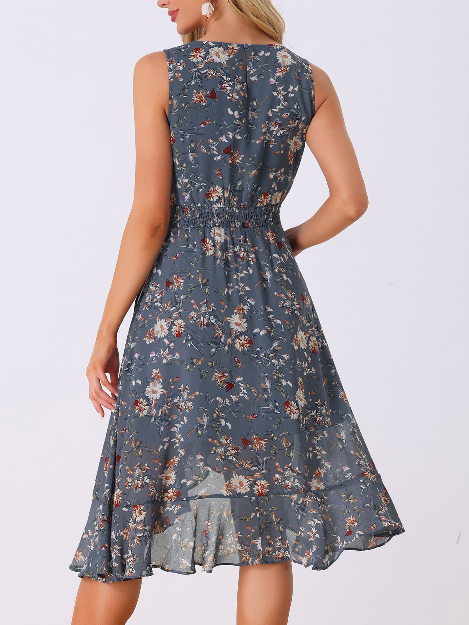 DARING DIVA Women's Summer Wrap Round Neck Keyhole Back Dresses M Blue Grey