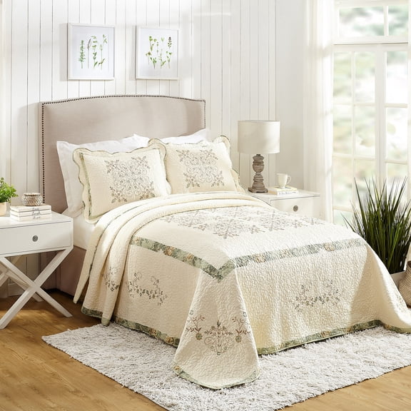 Mary Jane Farm Vintage Treasure Embroidered Quilted Cotton Bedspread, Queen Size, All Ages