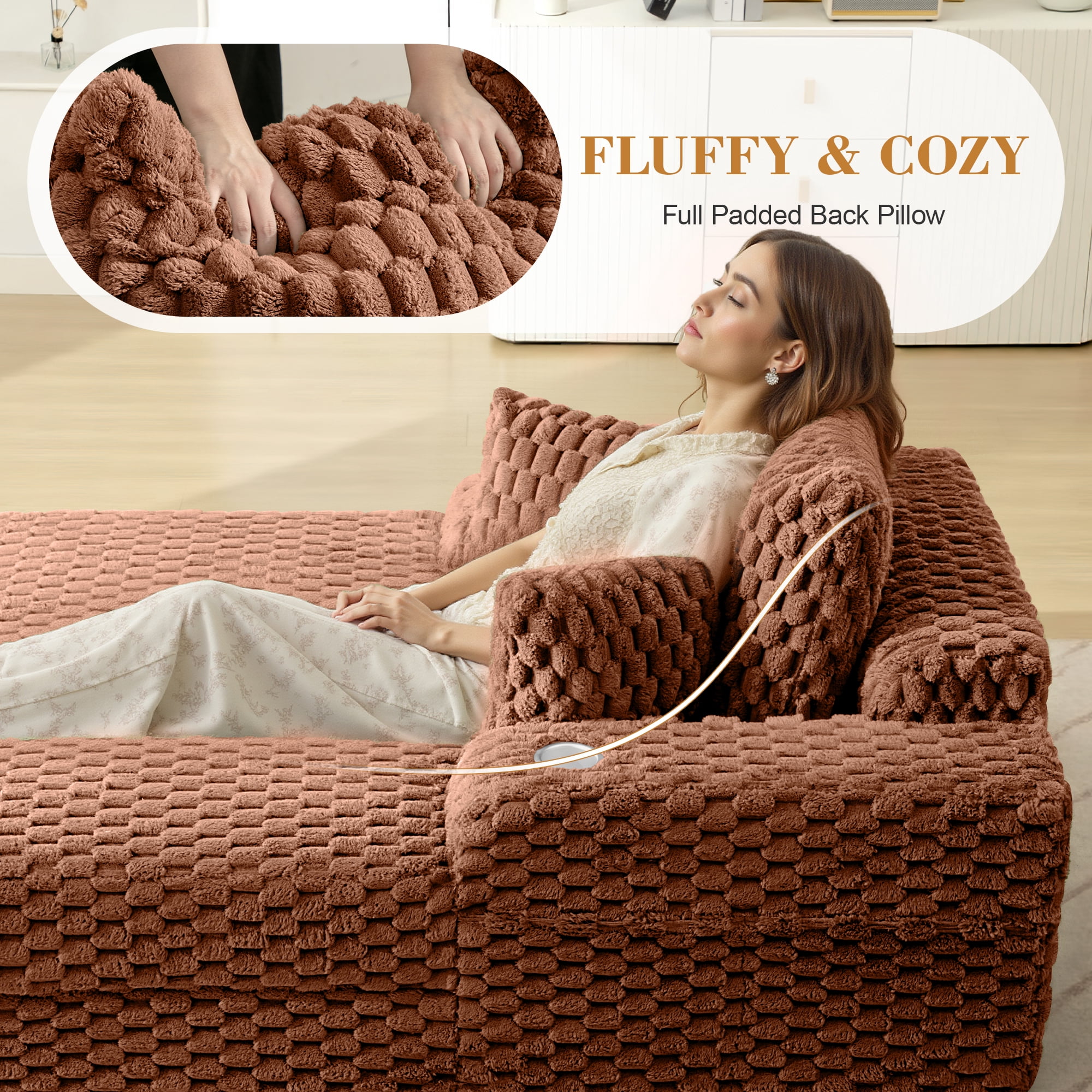 COOLHUT 46.7" W Oversized Floor Chaise Lounge Chair Sofa with Cup Holders, Cloud Plush Floor Sofa Bed Upholstered Deep Seat Sleeper Reading Chair Couch for Living Room, No Assembly, Pumpkin Brown