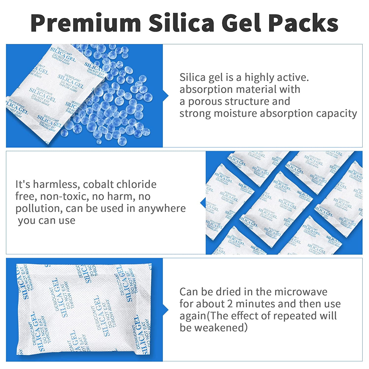 Silica Gel Packets, 20 Gram 80 Packs Food Safe Moisture Absorbers, Desiccant for Storage, Reusable Foods, Storage Bins, 3D Filaments, Electronics, Safes