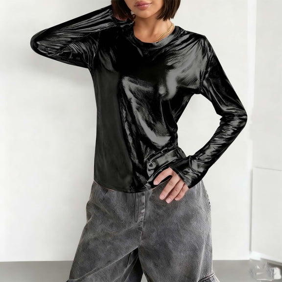 Heisall Women's Metallic Long Sleeve T Shirt Crew Neck Fitted Tee Tops Y2K Going Out Tops