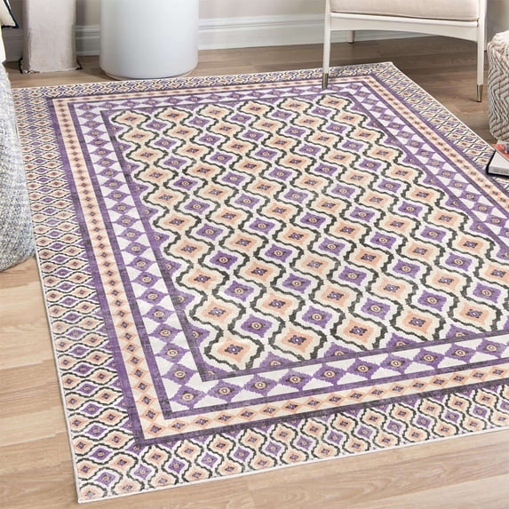Ethnic Decorative Rug, Traditional Abstract Tribal Art Pattern Wavy Look Oriental Ornaments, Quality Carpet for Bedroom Dorm and Living Room, 6 Sizes, Violet White, by Ambesonne