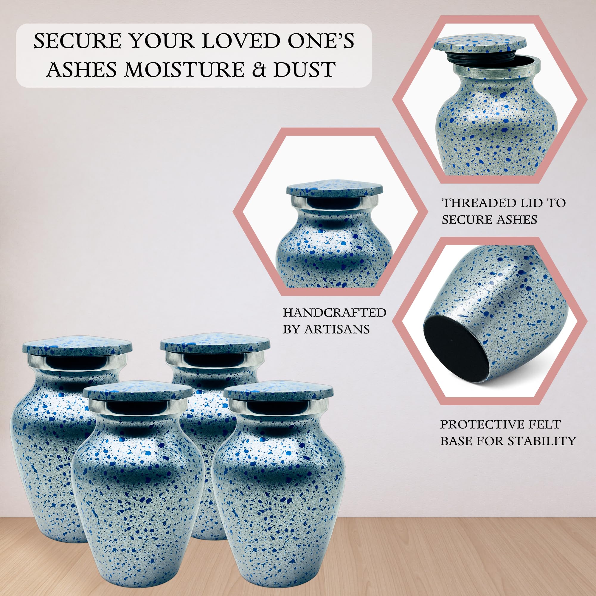 Nova Niche Urns Small Size Cremation Urn for Human Ashes, Mini Keepsake Set of 4 Blue and Silver with Velvet Case